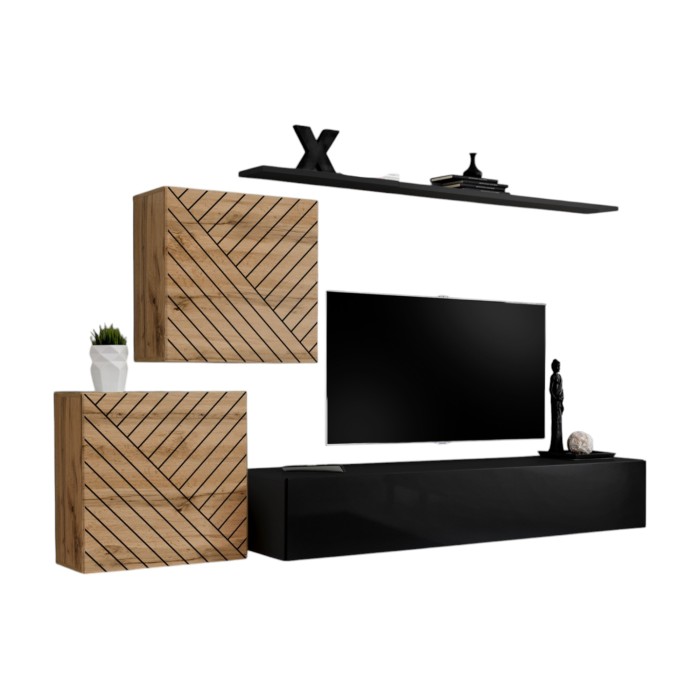 Ensemble meubles design salon SWITCH V, chêne/noir, finitions chêne fraisé et noir brillant