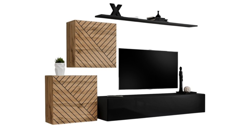 Ensemble meubles design salon SWITCH V, chêne/noir, finitions chêne fraisé et noir brillant