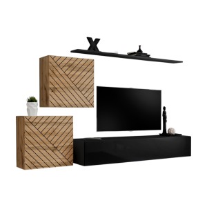 Ensemble meubles design salon SWITCH V, chêne/noir, finitions chêne fraisé et noir brillant
