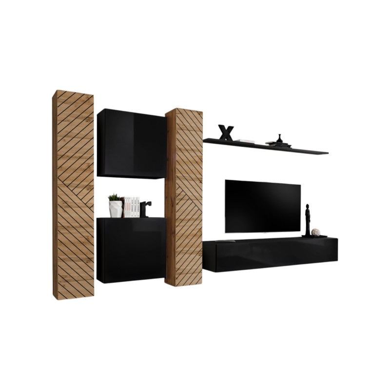Ensemble de meubles design de salon SWITCH VI. Coloris chêne et noir finition chêne effet fraisé et noires brillantes.