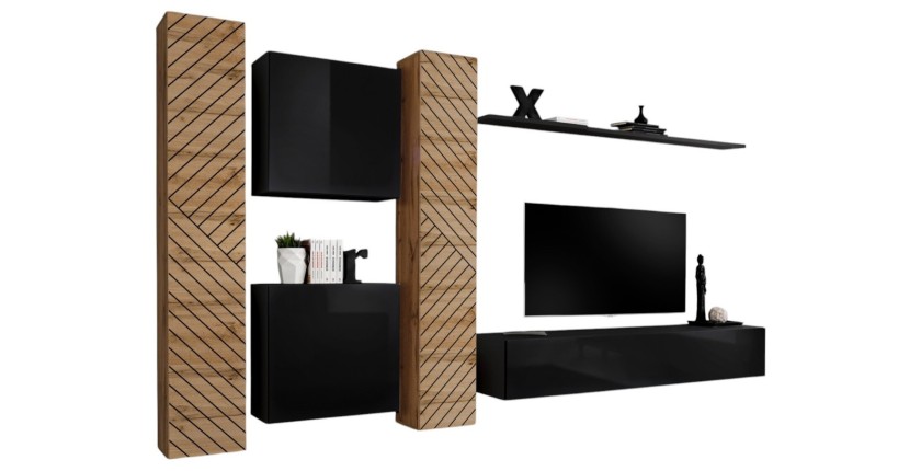 Ensemble de meubles design de salon SWITCH VI. Coloris chêne et noir finition chêne effet fraisé et noires brillantes.