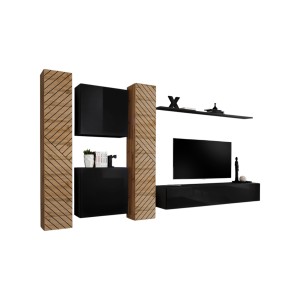 Ensemble de meubles design de salon SWITCH VI. Coloris chêne et noir finition chêne effet fraisé et noires brillantes.