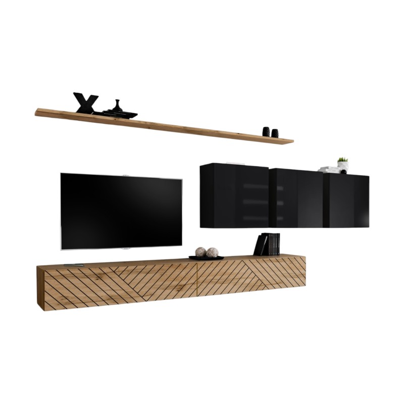 Ensemble de meubles de salon design collection SWITCH VII , coloris chêne finitions fraisées et noir brillant.