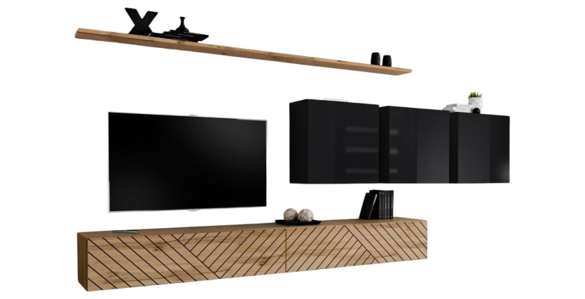 Ensemble de meubles de salon design collection SWITCH VII , coloris chêne finitions fraisées et noir brillant.