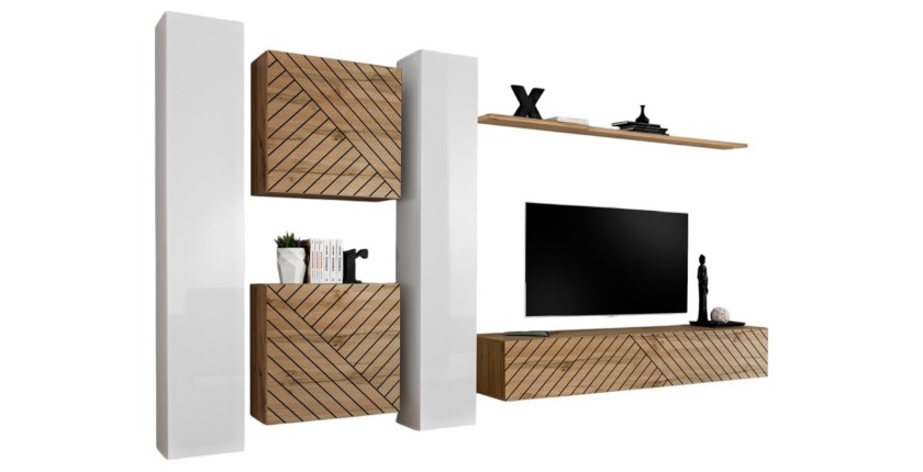 Ensemble meubles design salon SWITCH VI, blanc/chêne, finition blanches brillantes et chêne effet fraisé