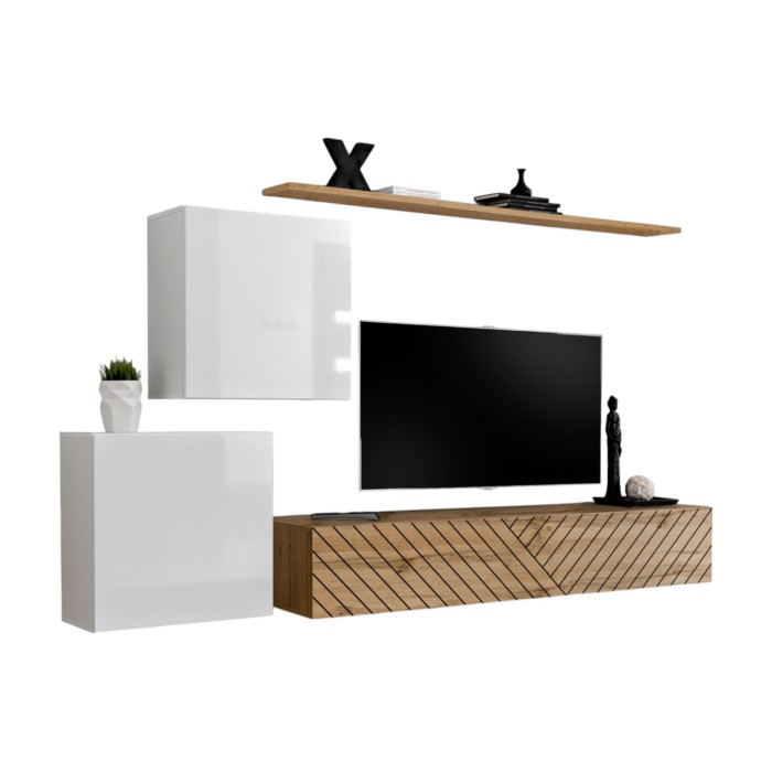 Ensemble de meubles design de salon SWITCH V, coloris blanc et chêne. Finitions blanc brillant et chêne fraisé.