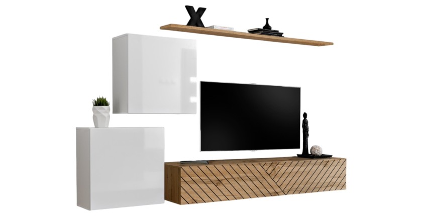 Ensemble de meubles design de salon SWITCH V, coloris blanc et chêne. Finitions blanc brillant et chêne fraisé.