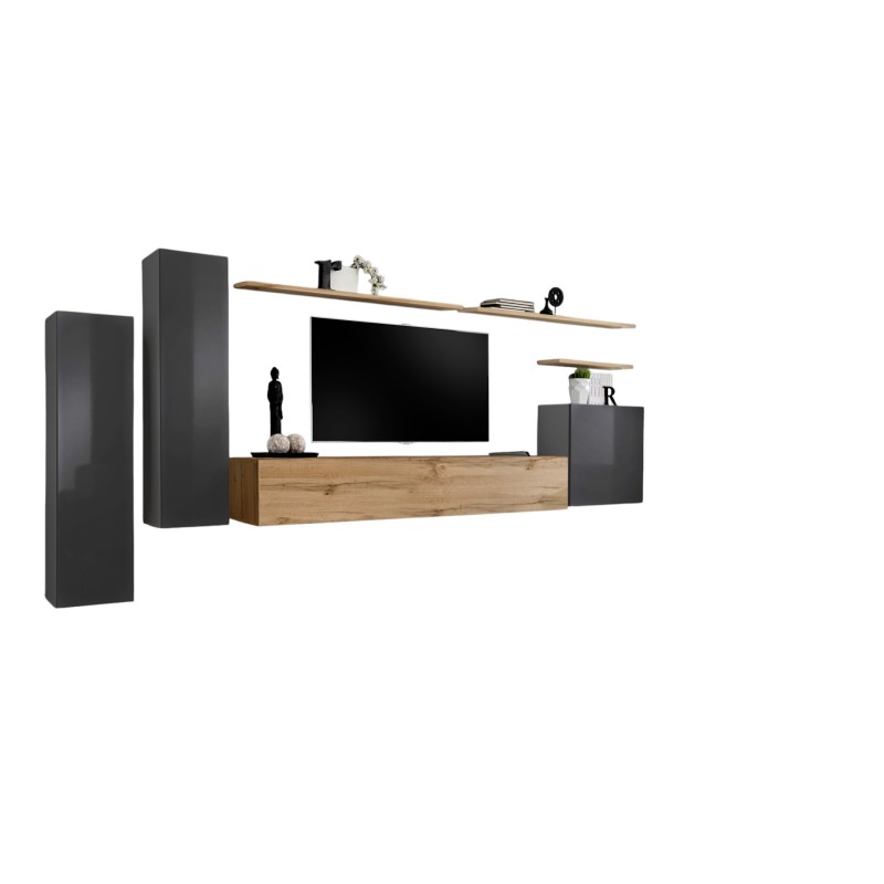 Ensemble meuble salon SWITCH I design, coloris gris brillant et chêne Wotan.
