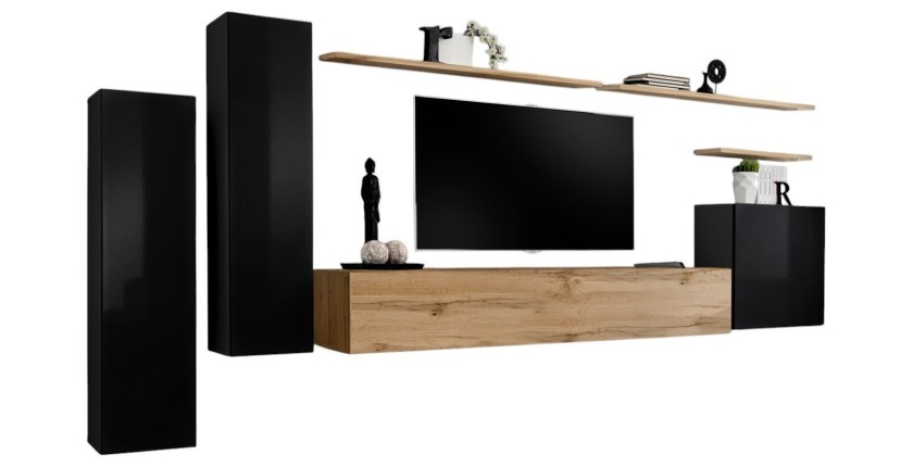 Ensemble meuble salon SWITCH I design, coloris noir brillant et chêne Wotan.