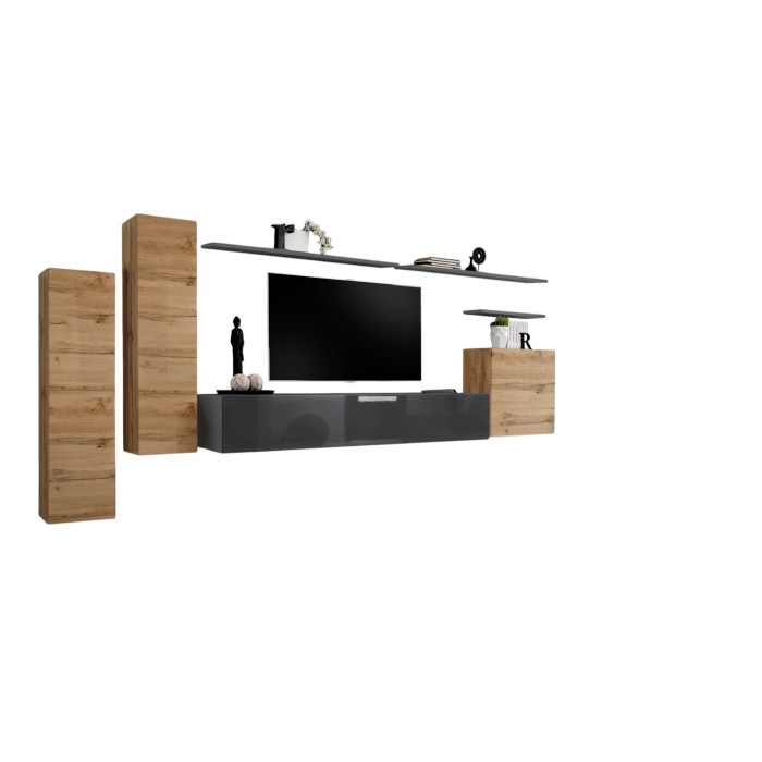 Ensemble meuble salon SWITCH I design, coloris gris brillant et chêne Wotan.