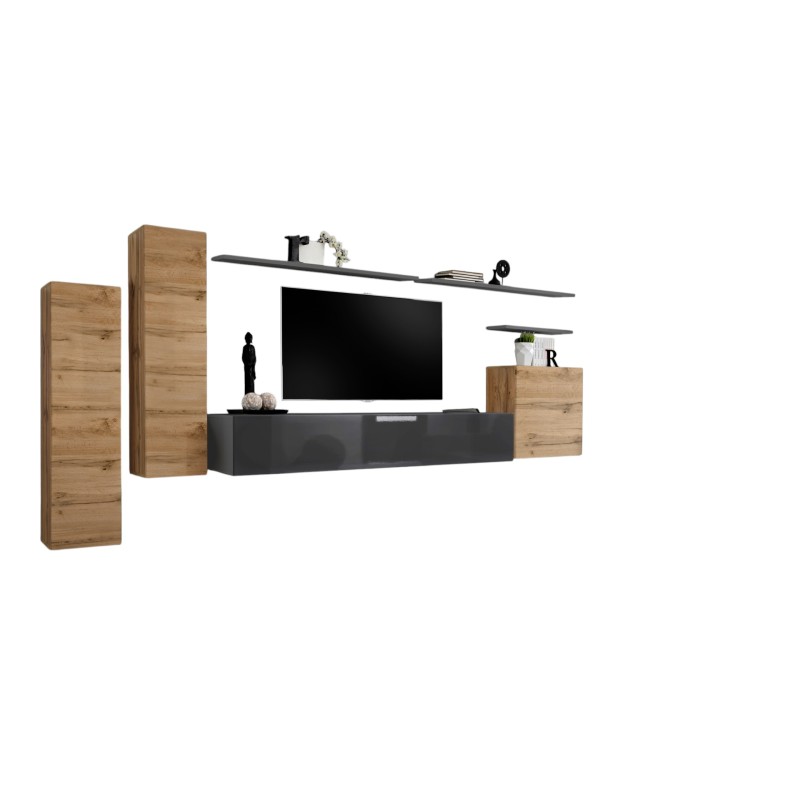 Ensemble meuble salon SWITCH I design, coloris gris brillant et chêne Wotan.