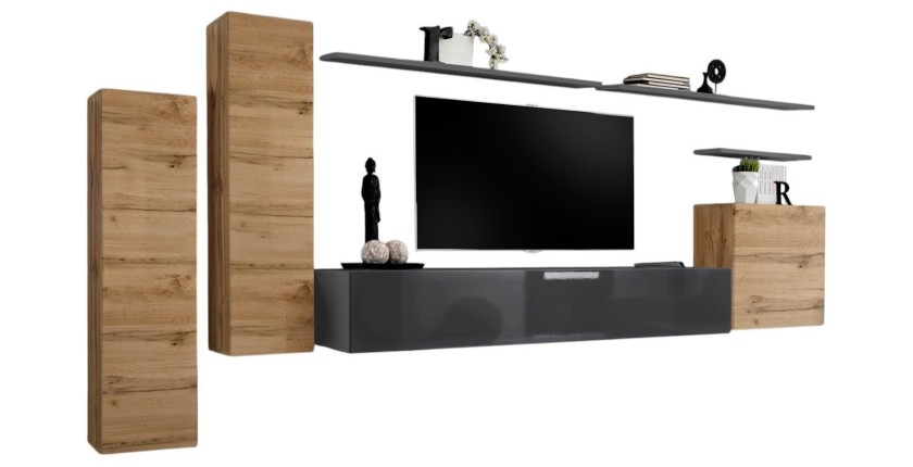 Ensemble meuble salon SWITCH I design, coloris gris brillant et chêne Wotan.