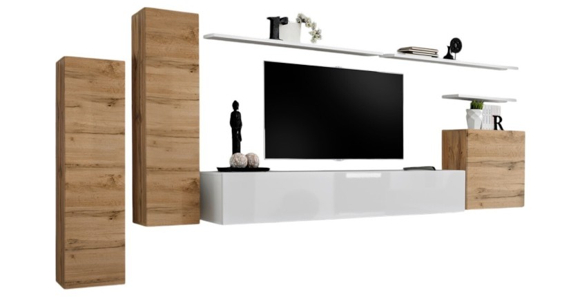 Ensemble de meubles de salon collection SWITCH I design, coloris chêne et blanc brillant.