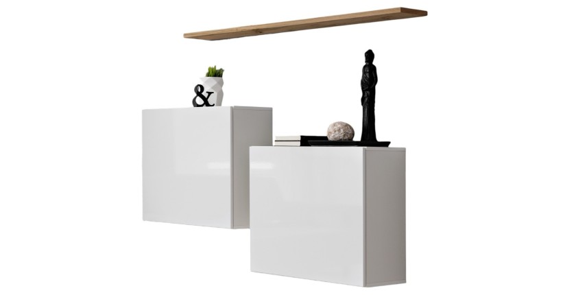 Ensemble meubles de salon SWITCH SBI design, coloris blanc brillant et étagère chêne Wotan.
