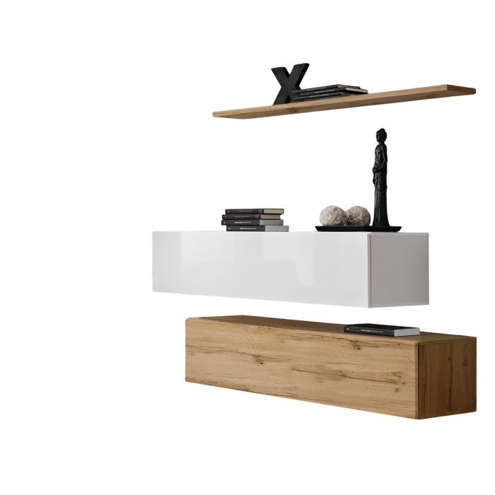 Ensemble meubles de salon SWITCH SBII design, coloris chêne Wotan et blanc brillant.