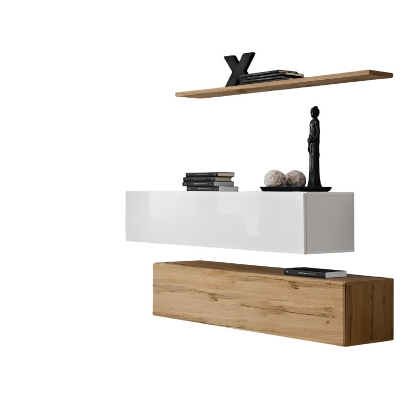 Ensemble meubles de salon SWITCH SBII design, coloris chêne Wotan et blanc brillant.
