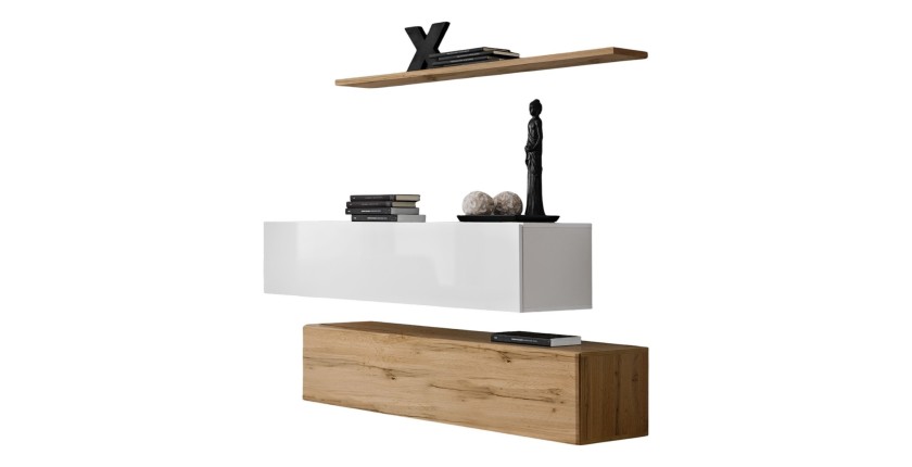 Ensemble meubles de salon SWITCH SBII design, coloris chêne Wotan et blanc brillant.