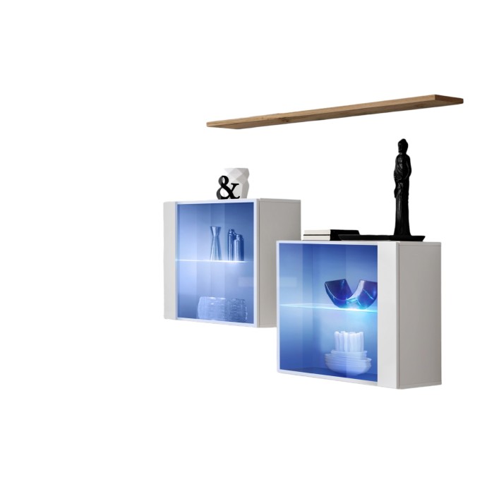 Ensemble salon SWITCH SBIII blanc brillant, porte vitrée LED intégrée, étagére chêne Wotan, moderne