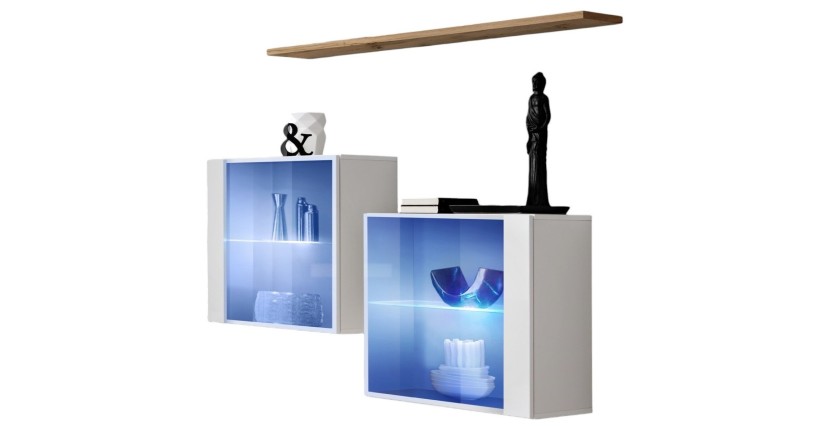 Ensemble salon SWITCH SBIII blanc brillant, porte vitrée LED intégrée, étagére chêne Wotan, moderne