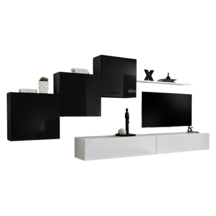 Ensemble meuble salon mural SWITCH X design, coloris blanc et noir brillant.