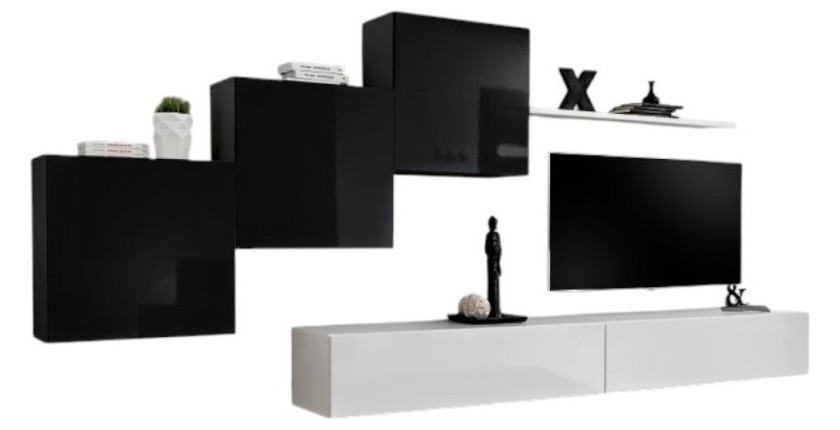 Ensemble meuble salon mural SWITCH X design, coloris blanc et noir brillant.