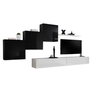 Ensemble meuble salon mural SWITCH X design, coloris blanc et noir brillant.