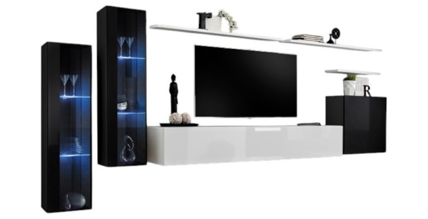 Ensemble meuble salon mural SWITCH XI design, coloris noir et blanc brillant