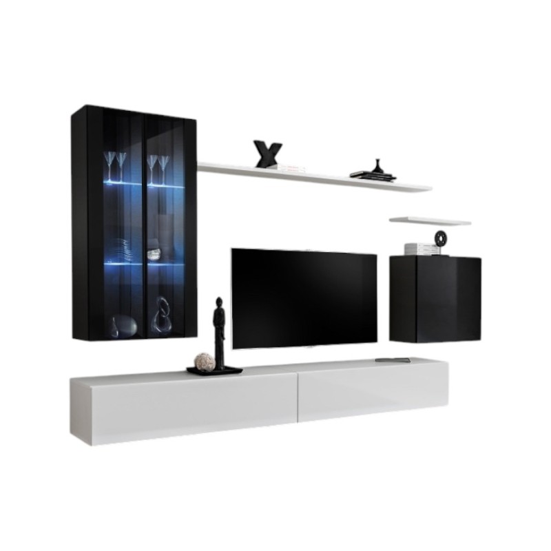 Ensemble meuble salon mural SWITCH XII design, coloris blanc et noir brillant.