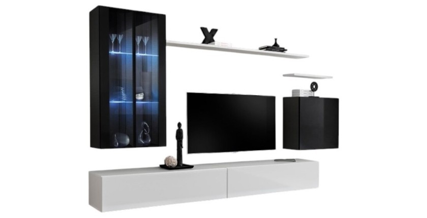 Ensemble meuble salon mural SWITCH XII design, coloris blanc et noir brillant.