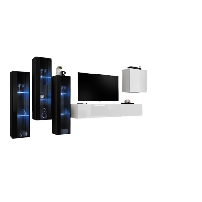 Ensemble meuble salon mural SWITCH XIII design, coloris blanc brillant et noir.