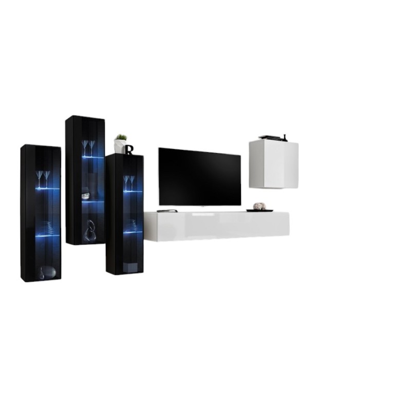 Ensemble meuble salon mural SWITCH XIII design, coloris blanc brillant et noir.