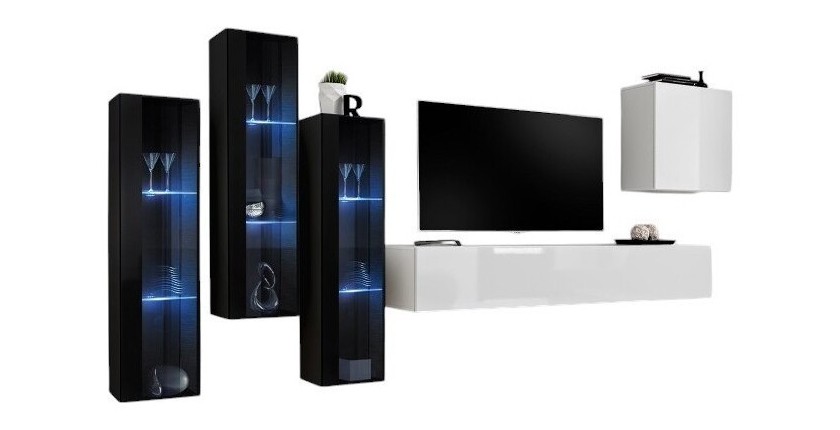 Ensemble meuble salon mural SWITCH XIII design, coloris blanc brillant et noir.