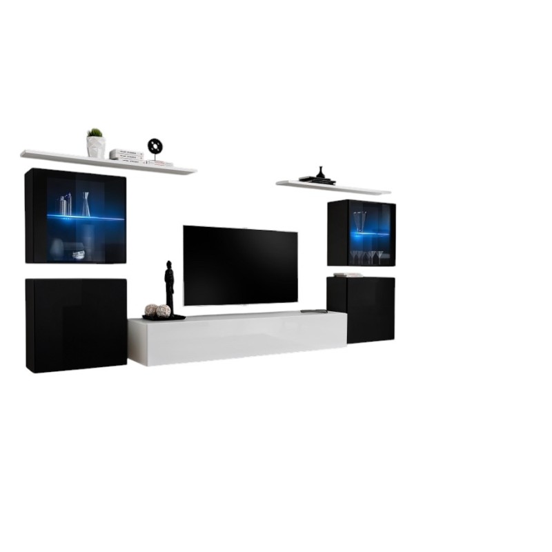 Ensemble meuble salon mural SWITCH XIV design, coloris blanc et noir brillant.