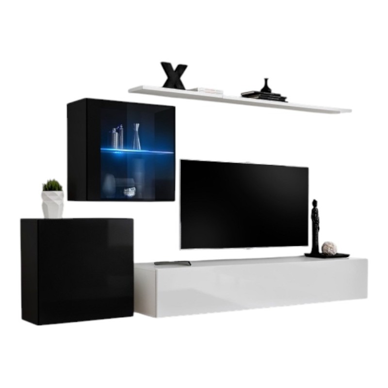 Ensemble meuble salon mural SWITCH XV design, coloris blanc et noir brillant.