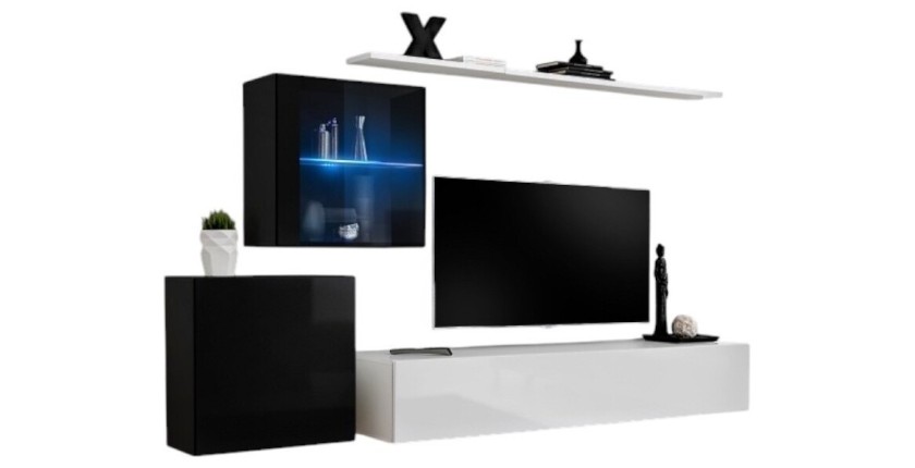 Ensemble meuble salon mural SWITCH XV design, coloris blanc et noir brillant.