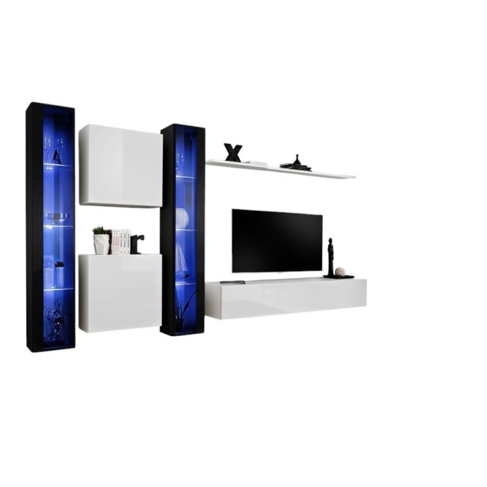 Ensemble meuble salon mural SWITCH XVI design, coloris blanc et noir brillant.