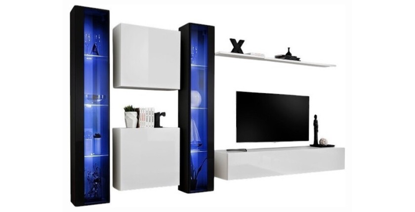 Ensemble meuble salon mural SWITCH XVI design, coloris blanc et noir brillant.