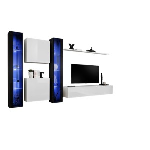 Ensemble meuble salon mural SWITCH XVI design, coloris blanc et noir brillant.