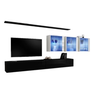 Ensemble meuble salon mural SWITCH XVII design, coloris noir et blanc brillant.