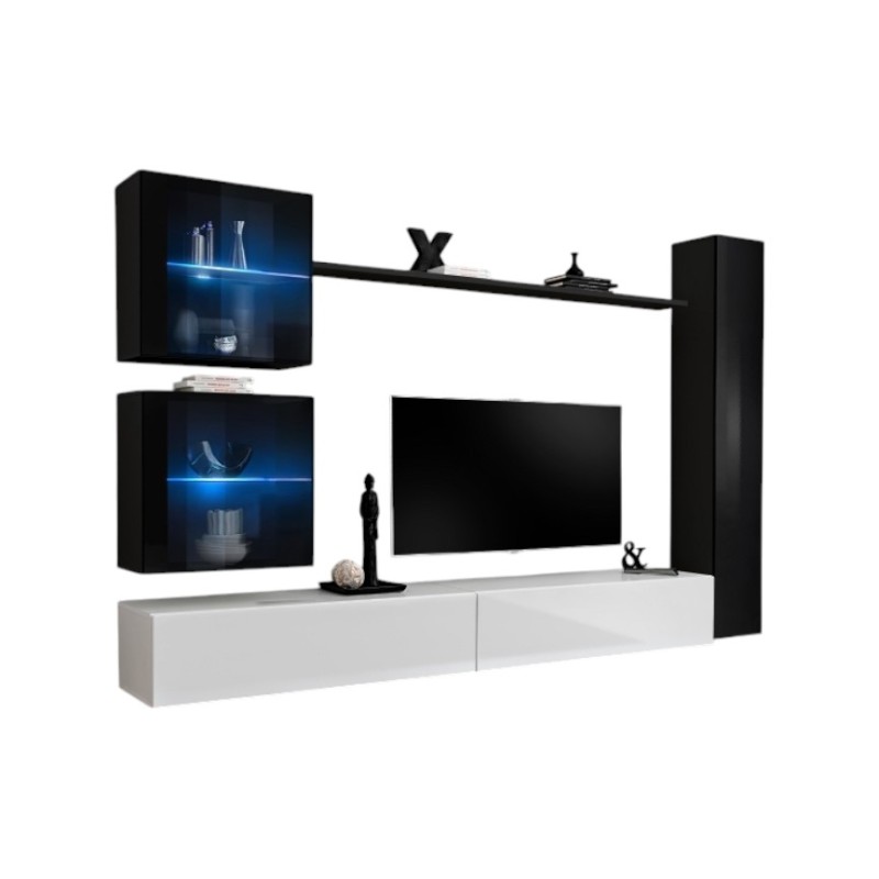 Ensemble meuble salon mural SWITCH XVIII design, coloris blanc et noir brillant.