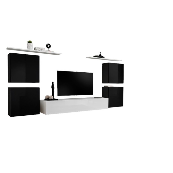 Ensemble meuble salon SWITCH IV design, coloris blanc et noir brillant.