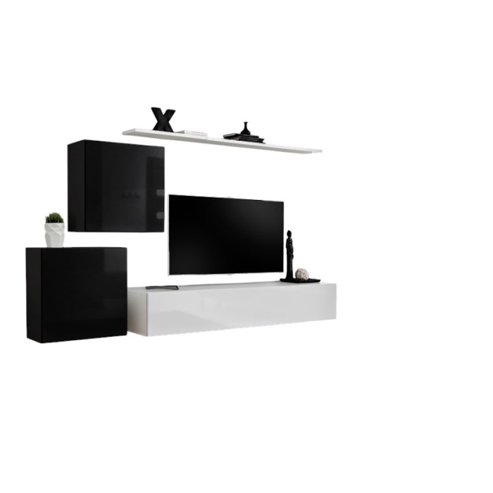 Ensemble meuble salon mural SWITCH V design, coloris blanc et noir brillant.