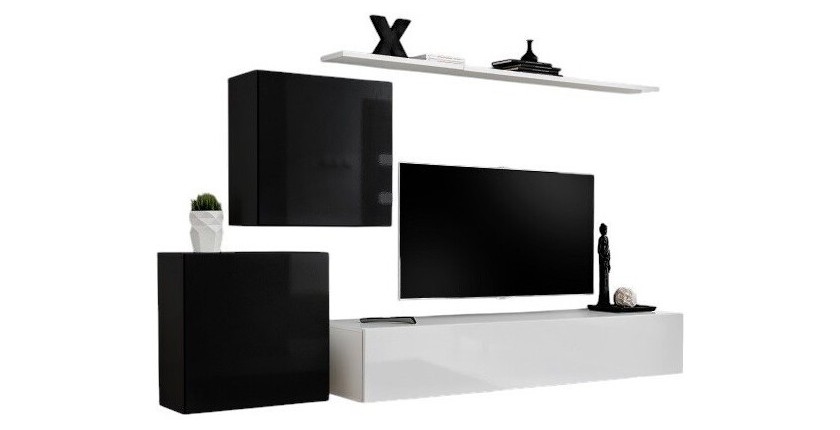 Ensemble meuble salon mural SWITCH V design, coloris blanc et noir brillant.