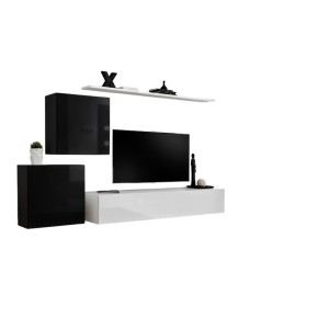 Ensemble meuble salon mural SWITCH V design, coloris blanc et noir brillant.