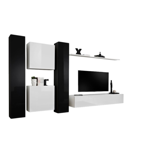 Ensemble meuble salon SWITCH VI design, coloris blanc et noir brillant.