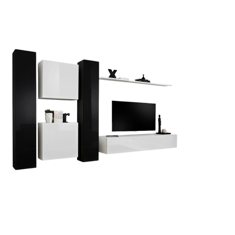 Ensemble meuble salon SWITCH VI design, coloris blanc et noir brillant.