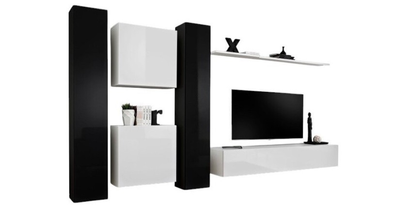 Ensemble meuble salon SWITCH VI design, coloris blanc et noir brillant.