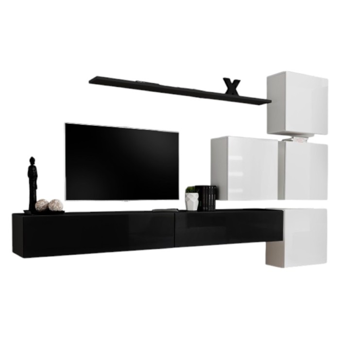 Ensemble meuble salon mural SWITCH IX design, coloris noir et blanc brillant.