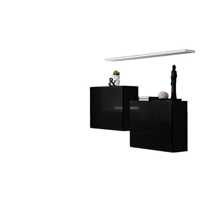 Ensemble meubles de salon SWITCH SBI design, coloris noir brillant et étagère blanche.