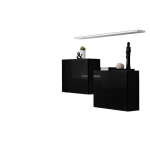Ensemble meubles de salon SWITCH SBI design, coloris noir brillant et étagère blanche.